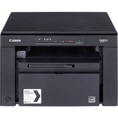 Schwarzer Canon i-SENSYS Drucker, Modell MF3010, mit Papierausgabefach geöffnet, geeignet für Büro- oder Heimnutzung.