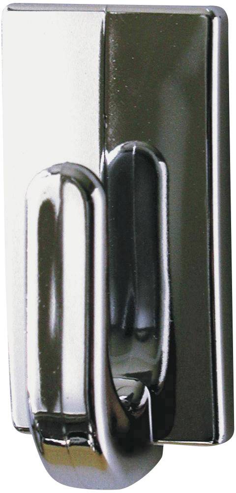 Ein verchromter Wandhaken mit rechteckiger Basis und gebogenem Haken; glänzende Oberfläche.