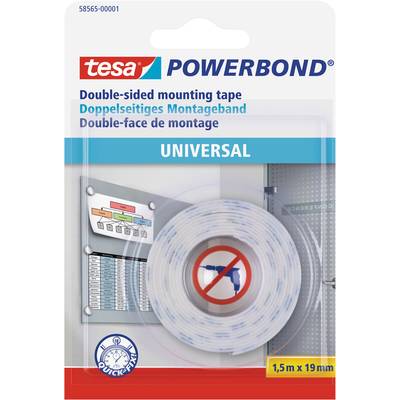 Verpackung für 'tesa Powerbond' universelles doppelseitiges Klebeband, 1,5 m x 19 mm. Anwendungsbeispiel zeigt Montage an der Wand.