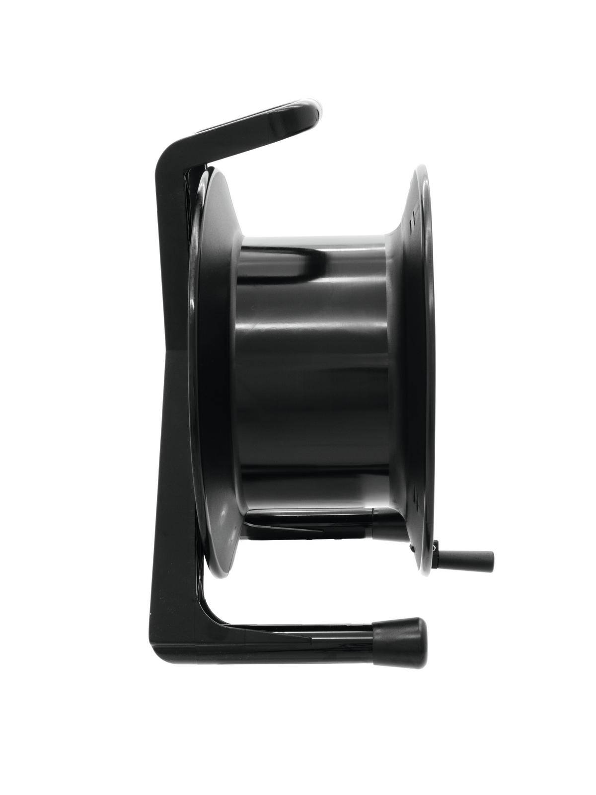 Eine schwarze, seitlich gesehene Kabeltrommel ohne sichtbares Kabel.