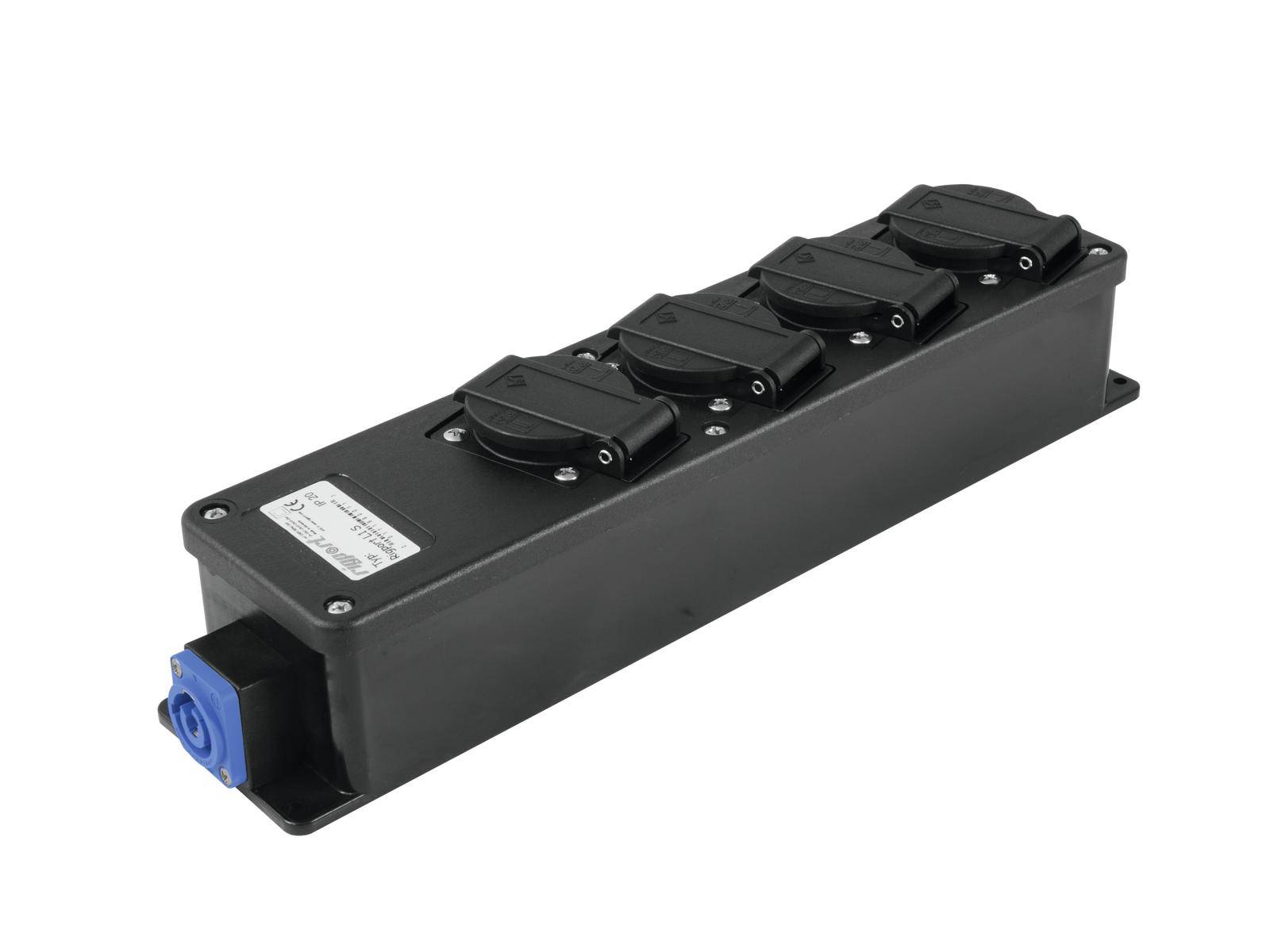 Ein schwarzer Mehrfachsteckdosenblock mit fünf Steckdosen und blauen Steckverbindern, geeignet für industrielle Anwendungen.