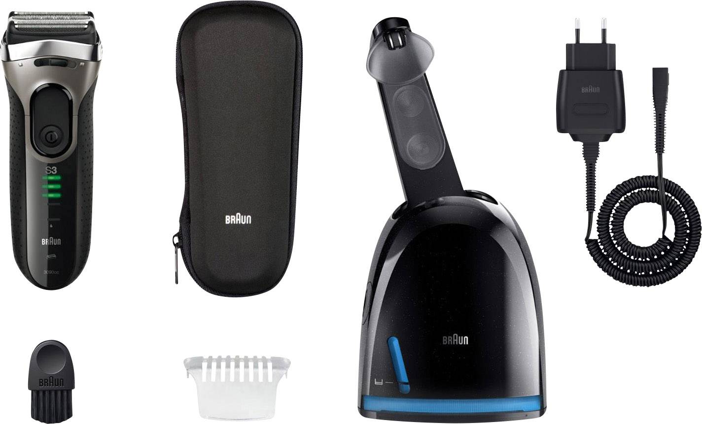 Elektrorasierer-Set mit Rasierer, Reinigungsstation, Ladegerät, Reiseetui, Reinigungsbürste und Schutzkappe.