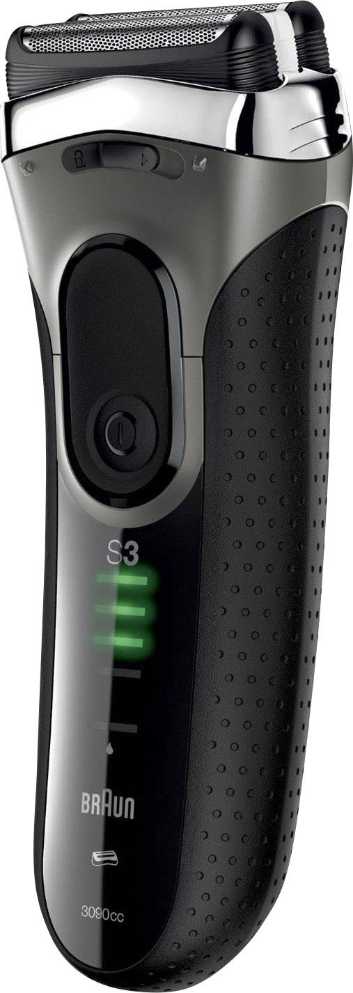 Elektrischer Rasierer mit schwarzem Griff und silbernem Scherkopf, Marke Braun, Modell S3 mit Batteriestatusanzeige.
