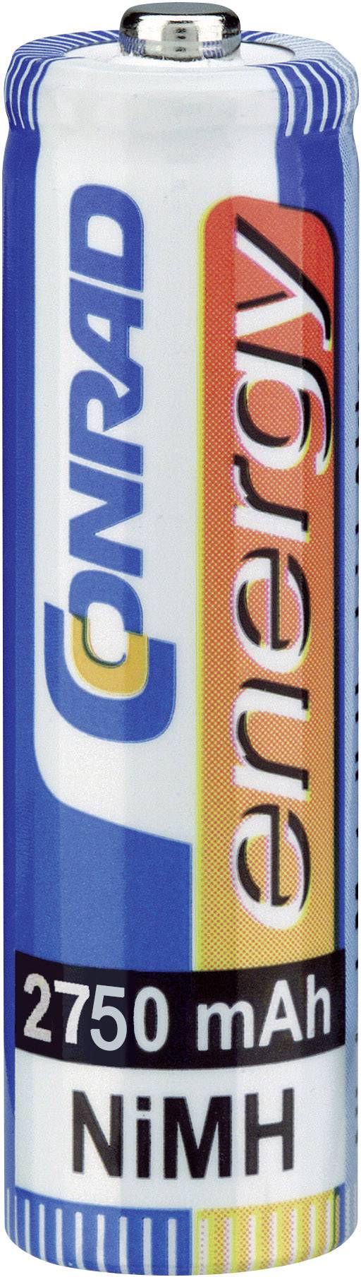 Batterie mit blauer und orangefarbener Verpackung, '2750 mAh NiMH' steht drauf, Marke ist 'Conrad energy'.