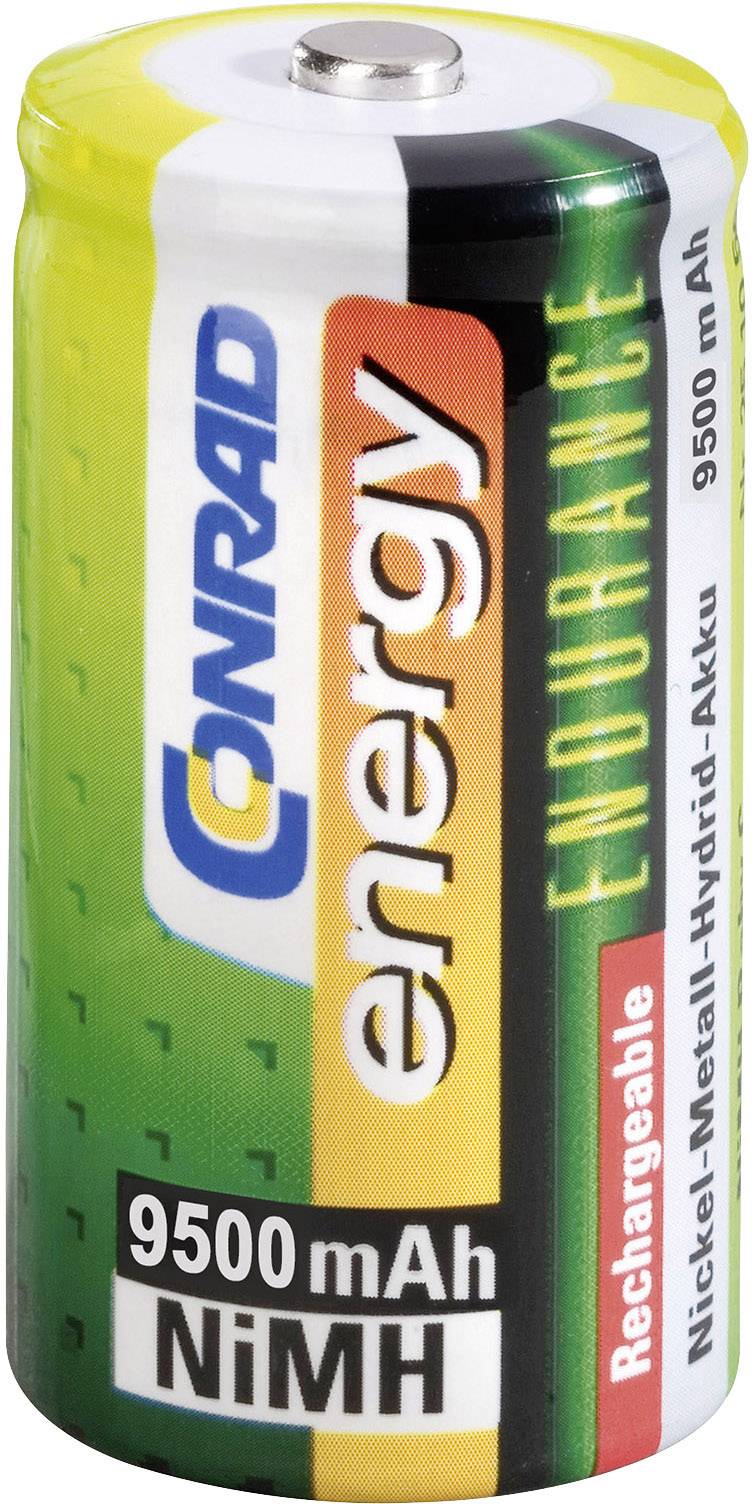 'Conrad Energy Endurance', eine wiederaufladbare 9500 mAh NiMH-Batterie mit grünem und gelbem Design, geeignet für Hochleistungsanwendungen.