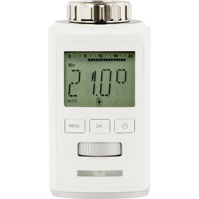 Digitaler Heizkörperthermostat mit Display. Zeigt '21.0°' an. Knöpfe für 'Menu', 'OK' und 'Zurück'. Möglichkeit zur Anpassung der Temperatur.