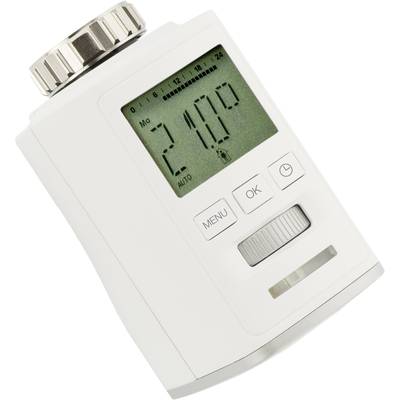 Elektronisches Heizkörperthermostat in Weiß mit digitalem Display, zeigt die Temperatur 21.0°C an. Tasten für Menü, OK und Drehrad.