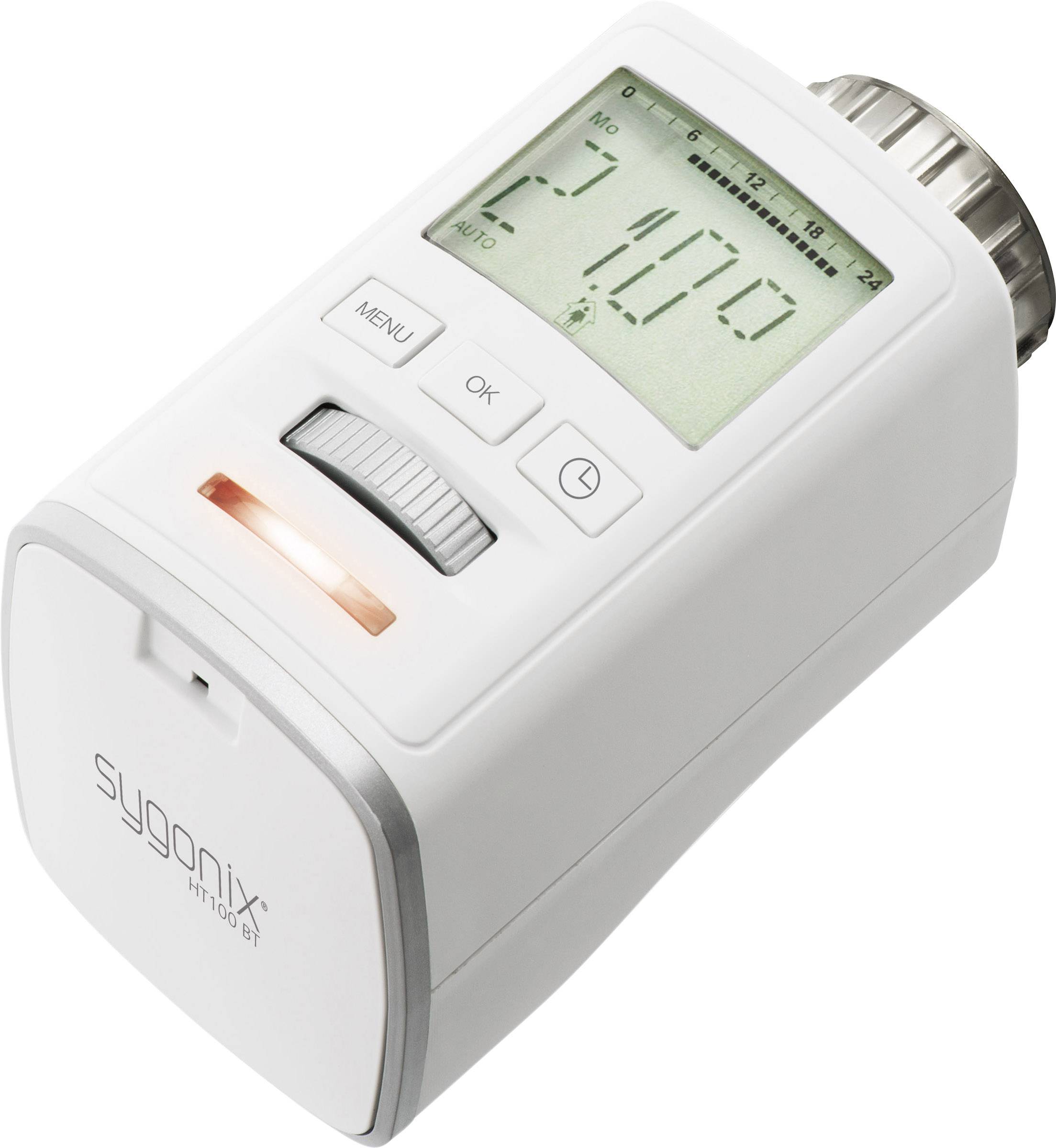 Ein weißes, digitales Thermostat mit Display zeigt '21.0°' an. Es hat Knöpfe und ein Drehrädchen zur Einstellung. Marke 'Sygonix'.