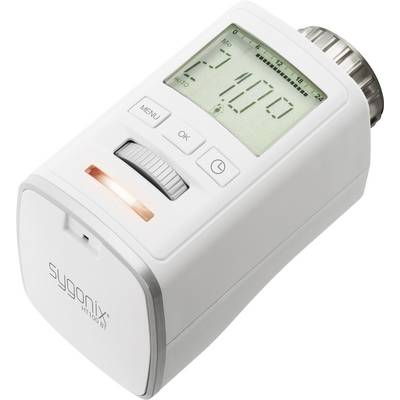 Ein weißes, digitales Thermostat mit Display zeigt '21.0°' an. Es hat Knöpfe und ein Drehrädchen zur Einstellung. Marke 'Sygonix'.