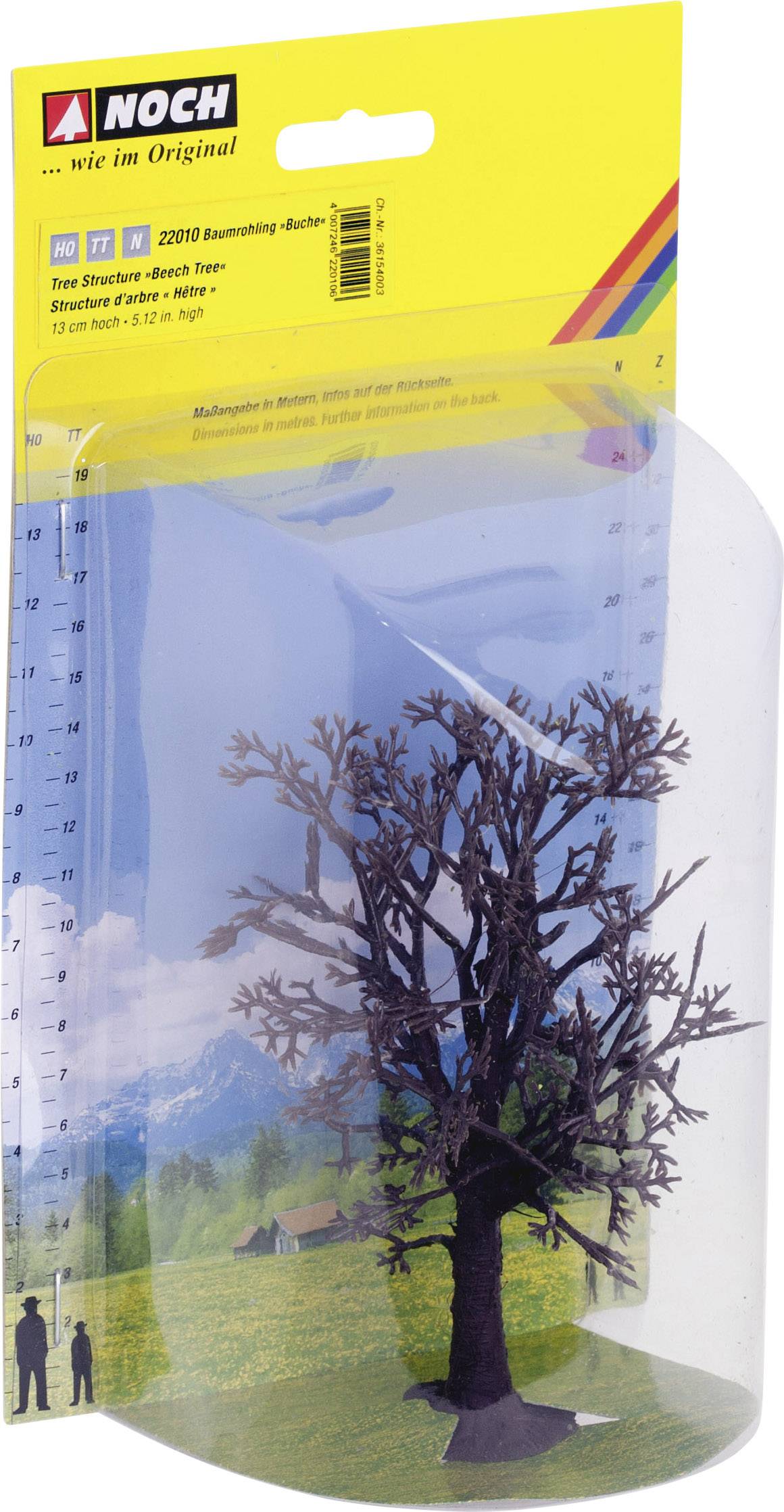 Verpackung mit Modellbaumbaum: Karger Baum im Maßstab 1:87. Hintergrund zeigt Landschaft. Marke: NOCH.