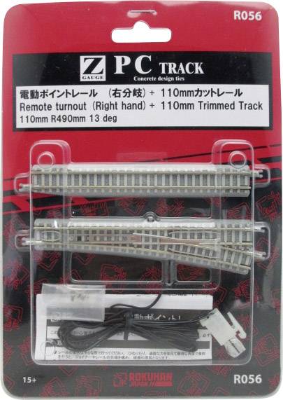 Verpackung mit Modellbahnschienen und Weiche, gekennzeichnet mit 'Remote turnout (Right hand) + 110mm Trimmed Track', Marke Rokuhan.