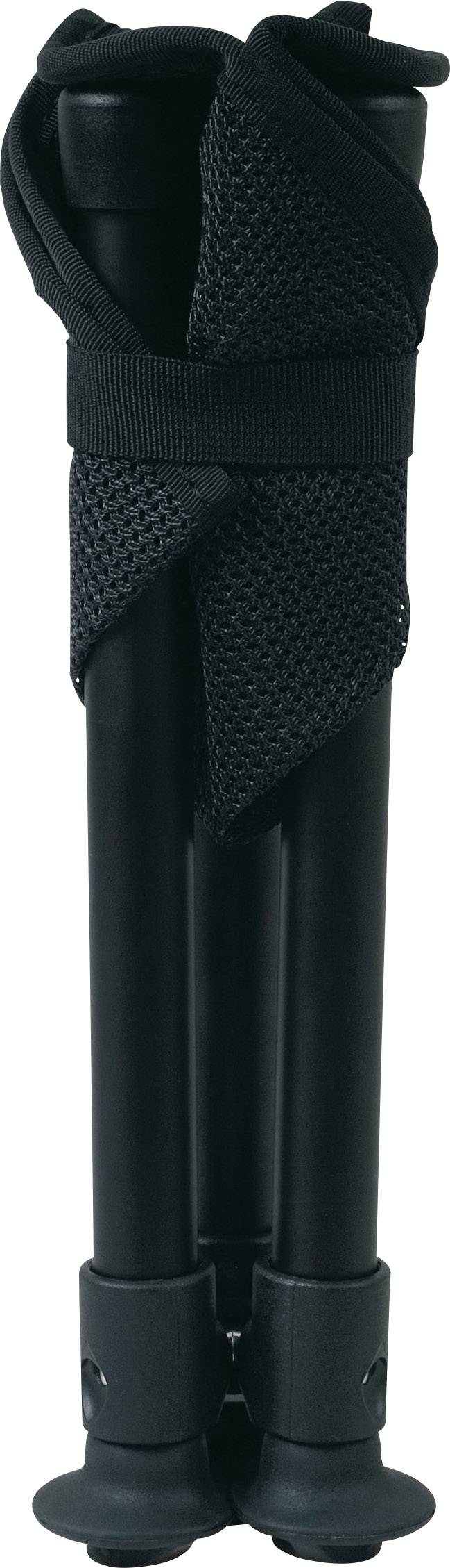 Ein zusammengeklapptes, schwarzes Stativ mit Gurt zur Sicherung. Geeignet für Kameras, zeichnet sich durch Stabilität und Tragbarkeit aus.