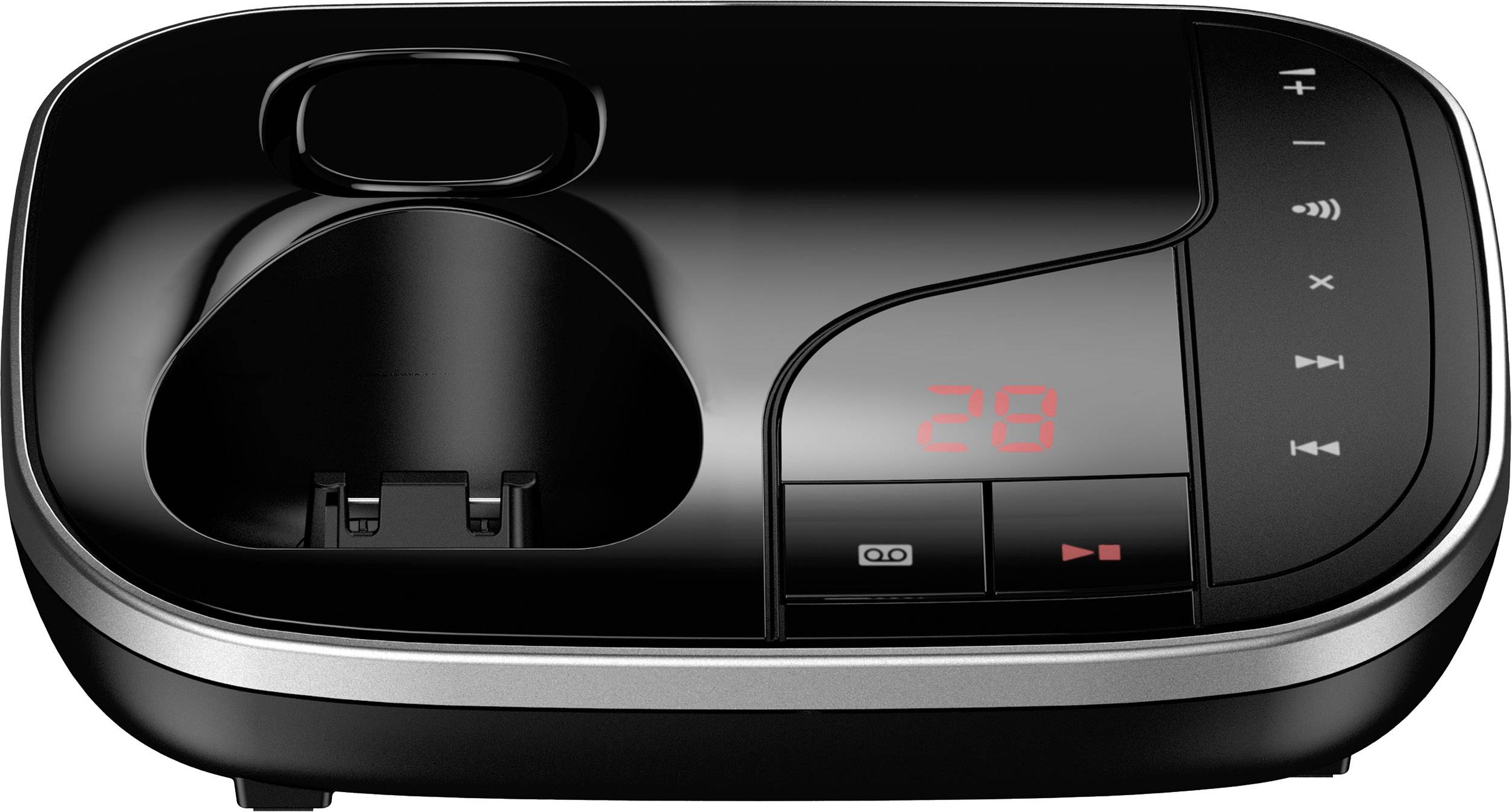 Schwarzes, elektronisches Gerät mit digitaler Anzeige der Zahl '28' und Tasten für Anrufverwaltung. Dockingstation links basiert.