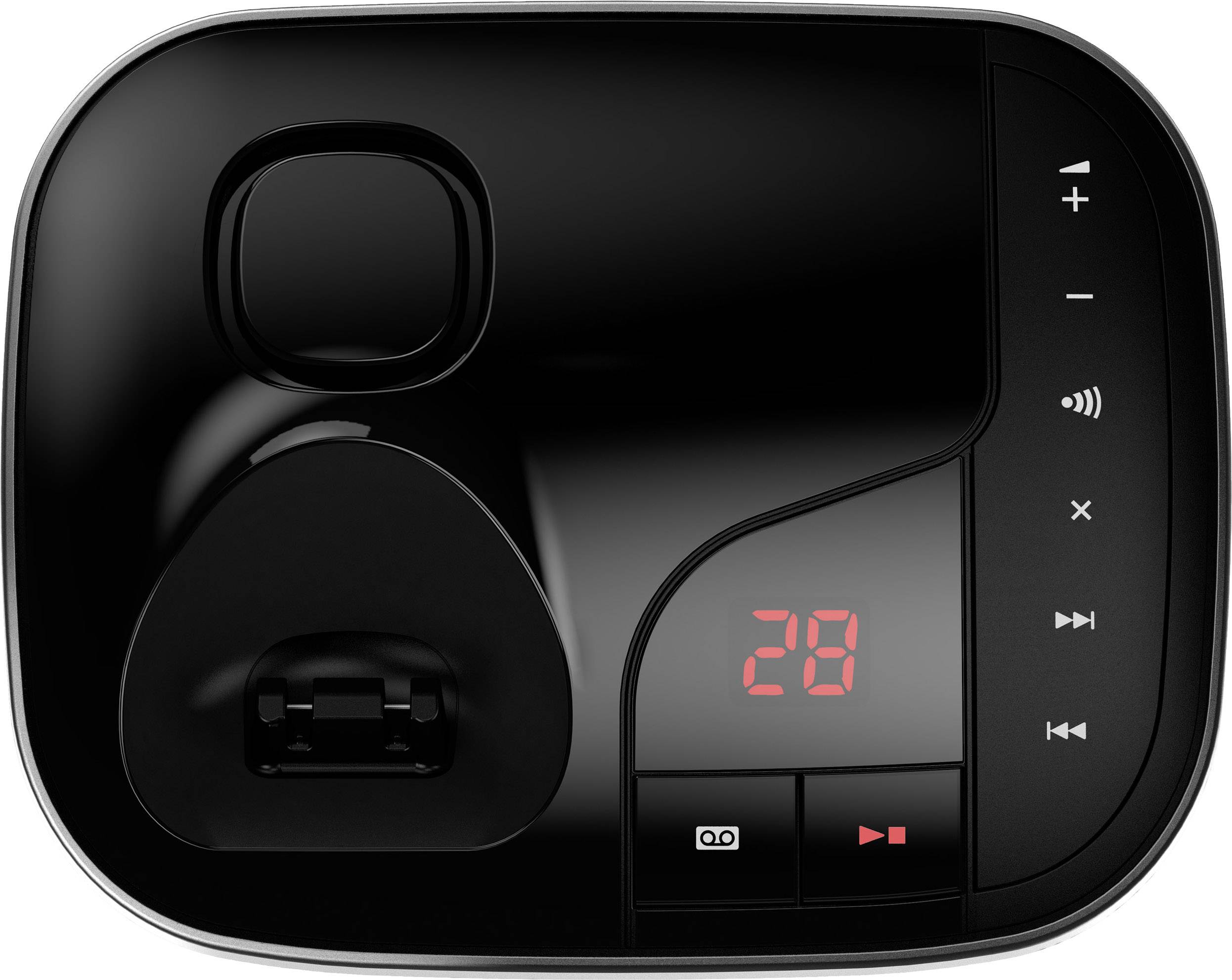 Schwarzes technisches Gerät mit digitaler Anzeige '28', Bedienfeld mit Lautstärketaste, Einstellungen und weiteren Symbolen.