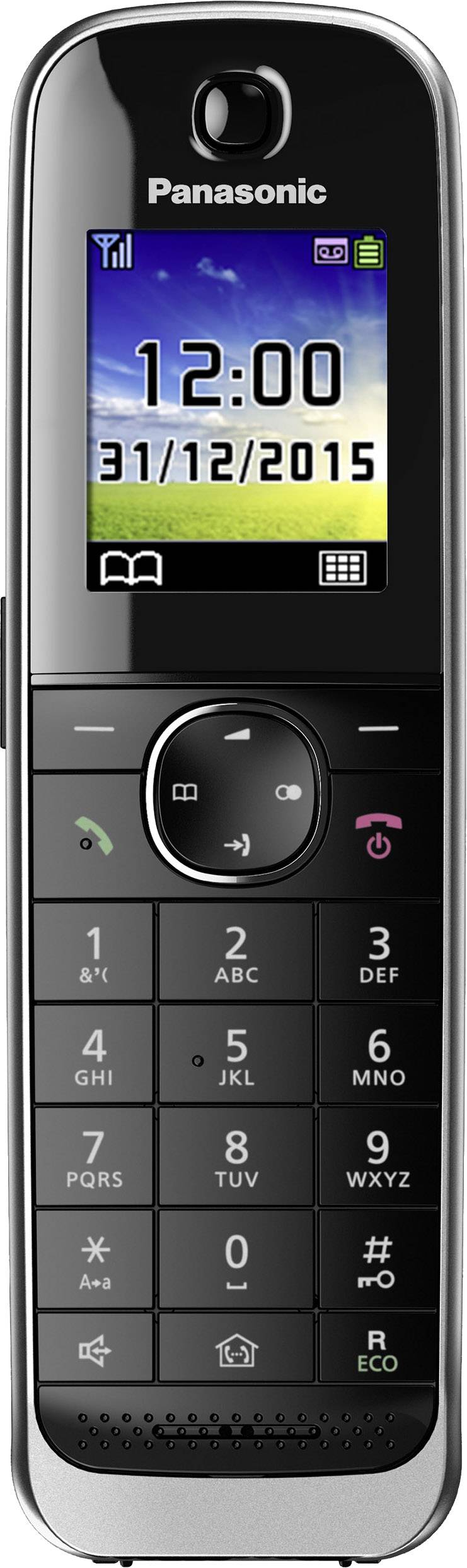 Ein schnurloses Panasonic-Telefon mit Farbdisplay zeigt die Uhrzeit '12:00' und das Datum '31/12/2015'.