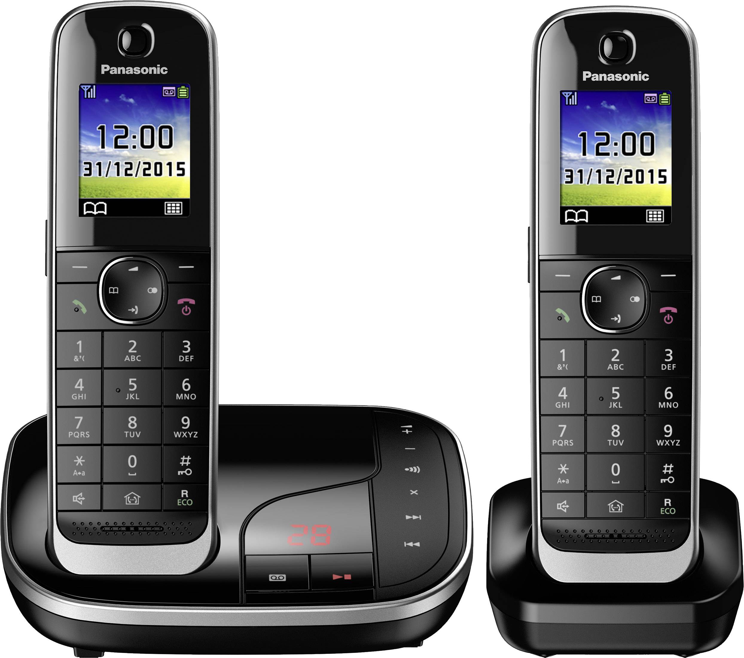 Zwei kabellose Telefone mit einer Basisstation. Beide Telefone zeigen das Datum '31/12/2015' und die Uhrzeit '12:00' auf den Bildschirmen an.