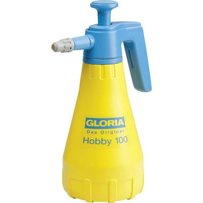 Gelber Hand-Drucksprüher mit blauem Griff und Sprühkopf, Marke 'GLORIA' Modell 'Hobby 100'.