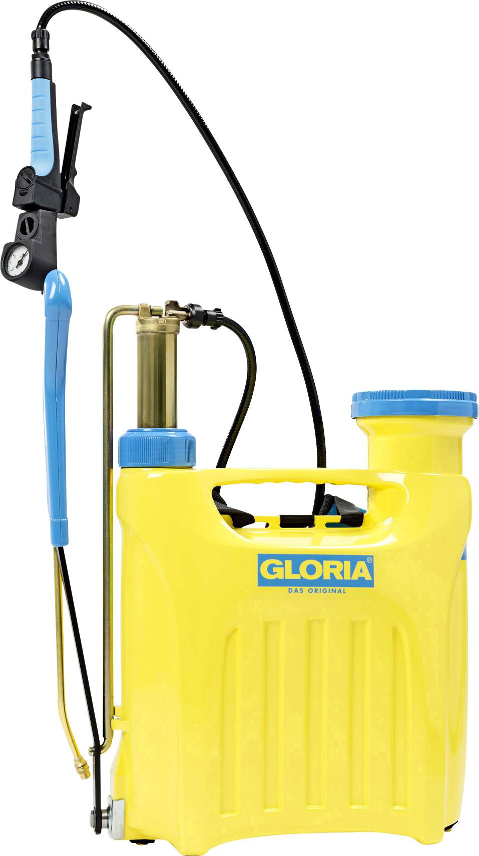 Gelber Gloria-Drucksprüher mit blauen und schwarzen Elementen, ideal zum Versprühen von Flüssigkeiten in Gärten oder auf Pflanzen.