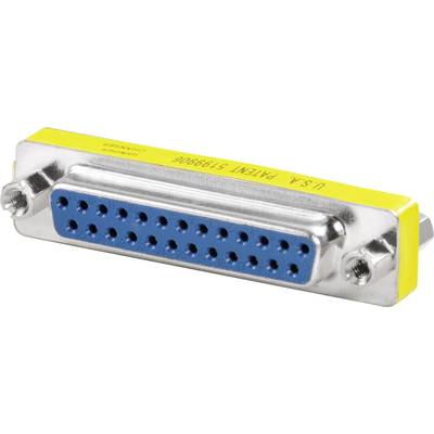 Blauer D-Sub-Steckverbinder mit 26 Löchern, rechteckige silberne Metallhülle und gelbem Ende mit Kennzeichnung 'U.S.A. Patent 5199906'.