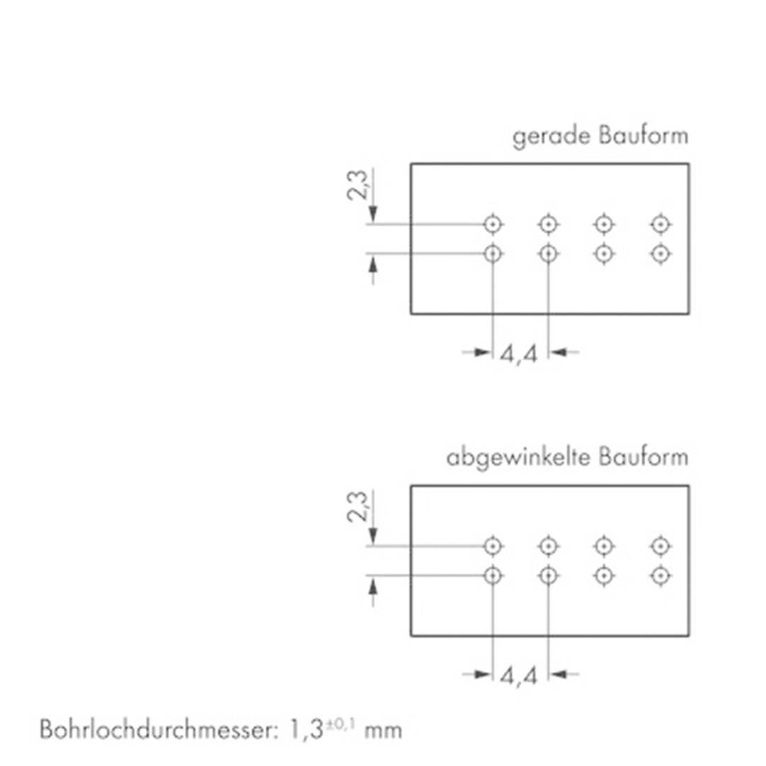 Diagramm zeigt zwei Bauformen: gerade und abgewinkelte Bohranordnung. Maße: 2,3 mm Abstand, 4,4 mm Breite. Bohrlochdurchmesser: 1,3 ± 0,1 mm.