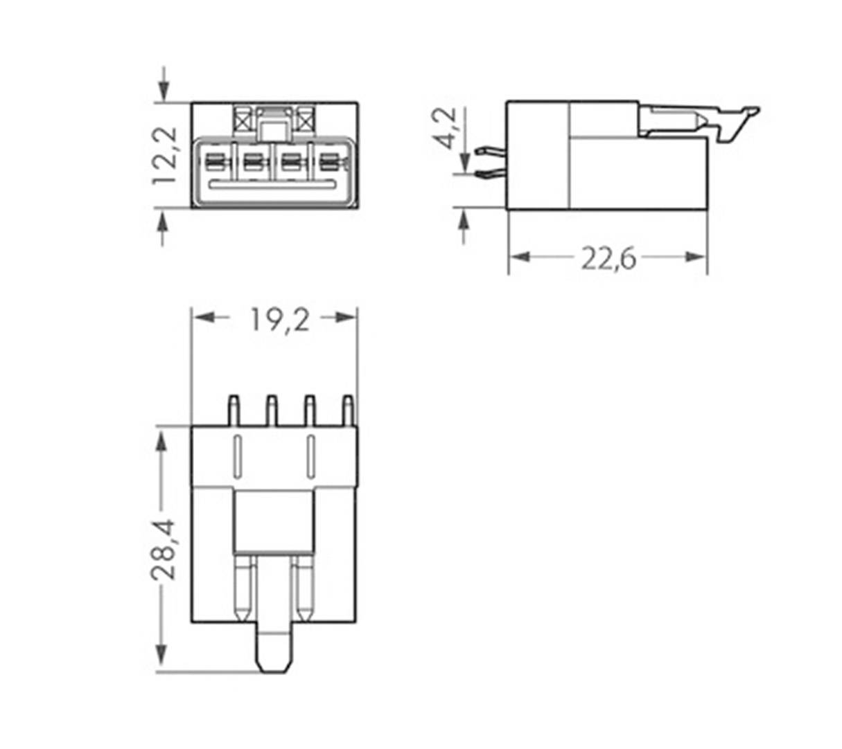 Technische Zeichnung eines Steckers mit Maßen: Breite 19,2 mm, Höhe 28,4 mm, Tiefe 22,6 mm. Seiten- und Vorderansicht werden gezeigt.