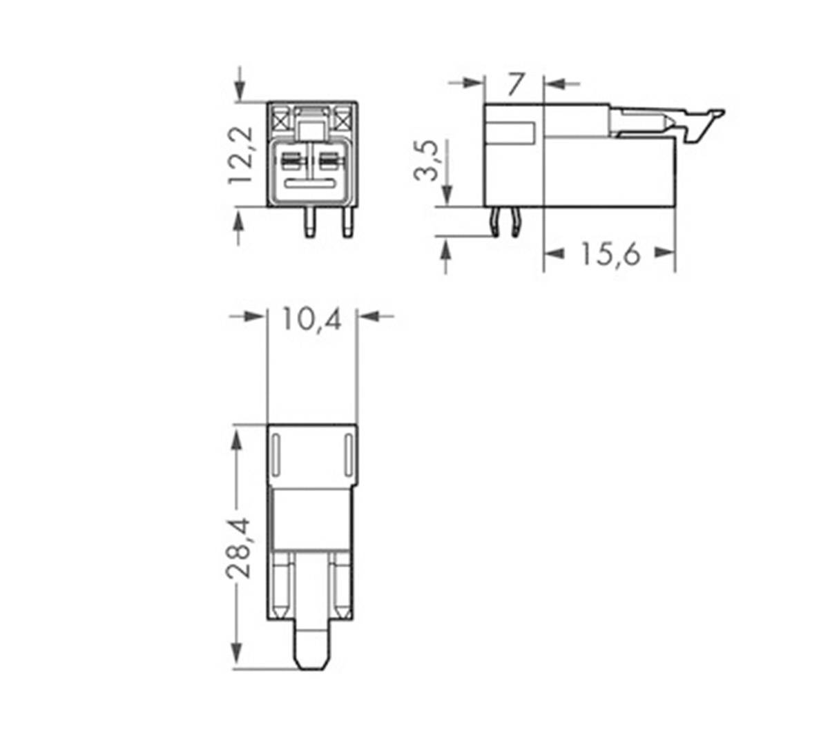 Technische Zeichnung eines Steckverbinders mit verschiedenen Ansichten und Maßen: 12,2 x 10,4 mm, Tiefe 15,6 mm, Höhe 28,4 mm.