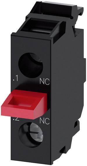 Schaltgerät in Schwarz mit rotem Schalter und zwei Kontaktstellen, beschriftet mit '.1 NC' und '.2 NC'.