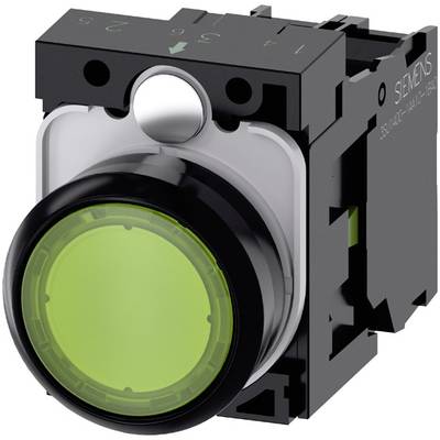 Ein grüner Drucktaster von Siemens in einem schwarzen Gehäuse, verwendet in industriellen Steuerungssystemen zur Bedienung oder Anzeige von Zuständen.