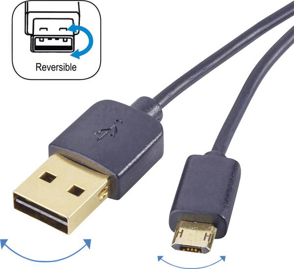 Renkforce USB-Kabel USB 2.0 USB-A Stecker, USB-Micro-B Stecker 1.00 m Schwarz beidseitig verwendbarer Stecker, vergoldete Steckkontakte RF-4139064