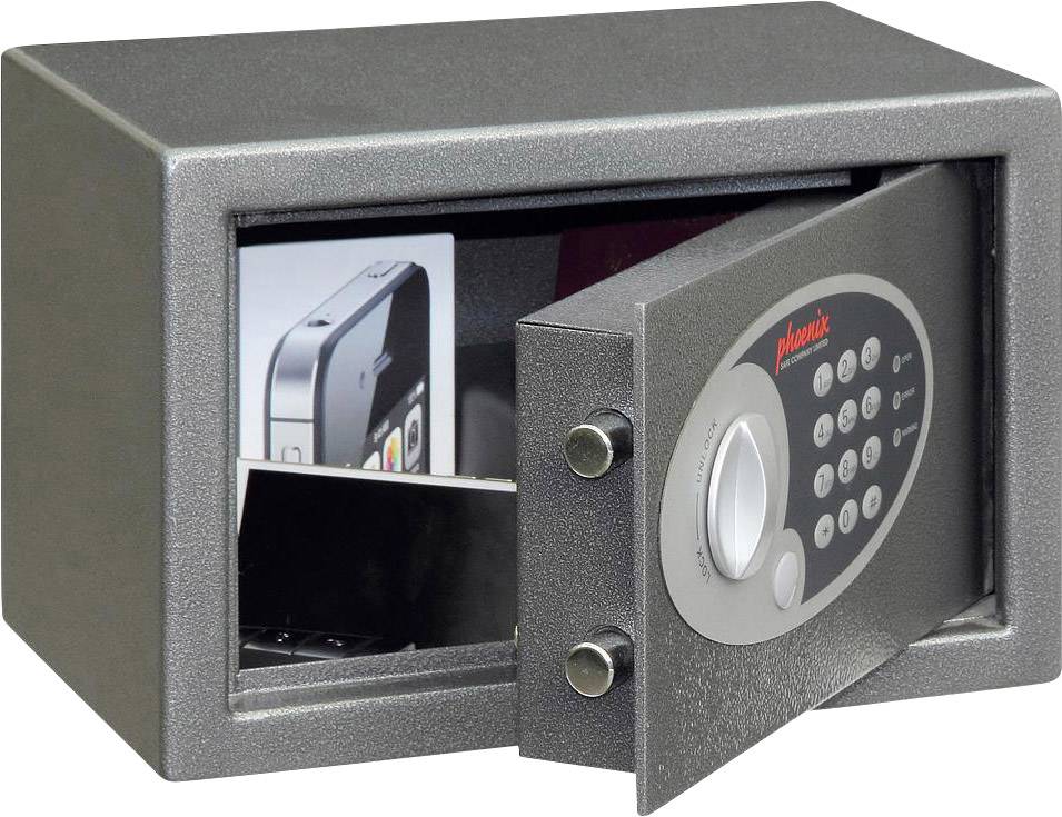 Offener Tresor mit elektronischem Zahlenschloss, zeigt im Inneren ein Smartphone und Dokumente.