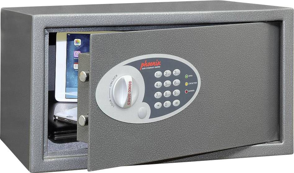 Ein geöffneter Safe zeigt ein darin liegendes Tablet und Smartphone. Der Safe hat eine digitale Tastatur an der Vorderseite.