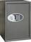 Ein grauer Tresor mit elektronischem Zahlenschloss und Drehknopf, ideal zur sicheren Aufbewahrung von Wertsachen.