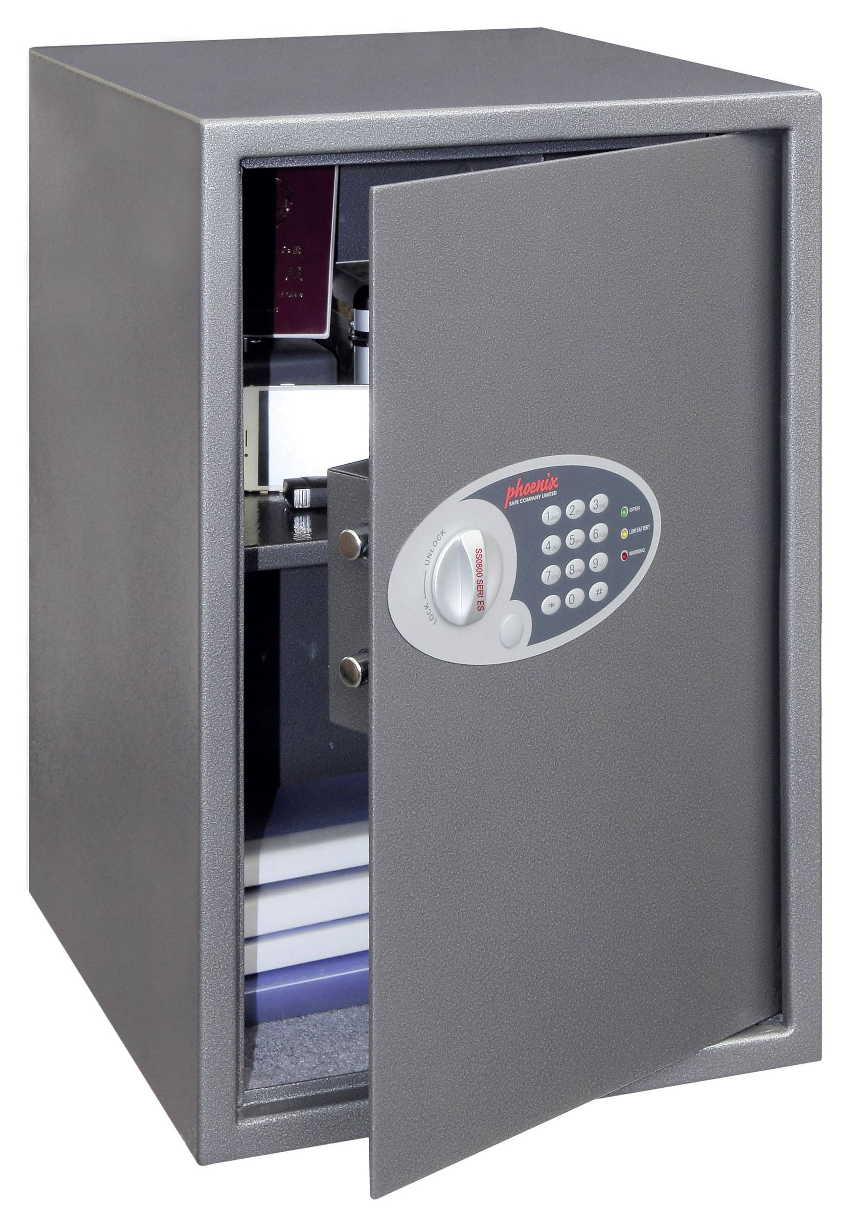 Grau-metallic Tresor, leicht geöffnet, zeigt Dokumente und elektronische Bedienelemente mit Zahlentastatur an der Tür.