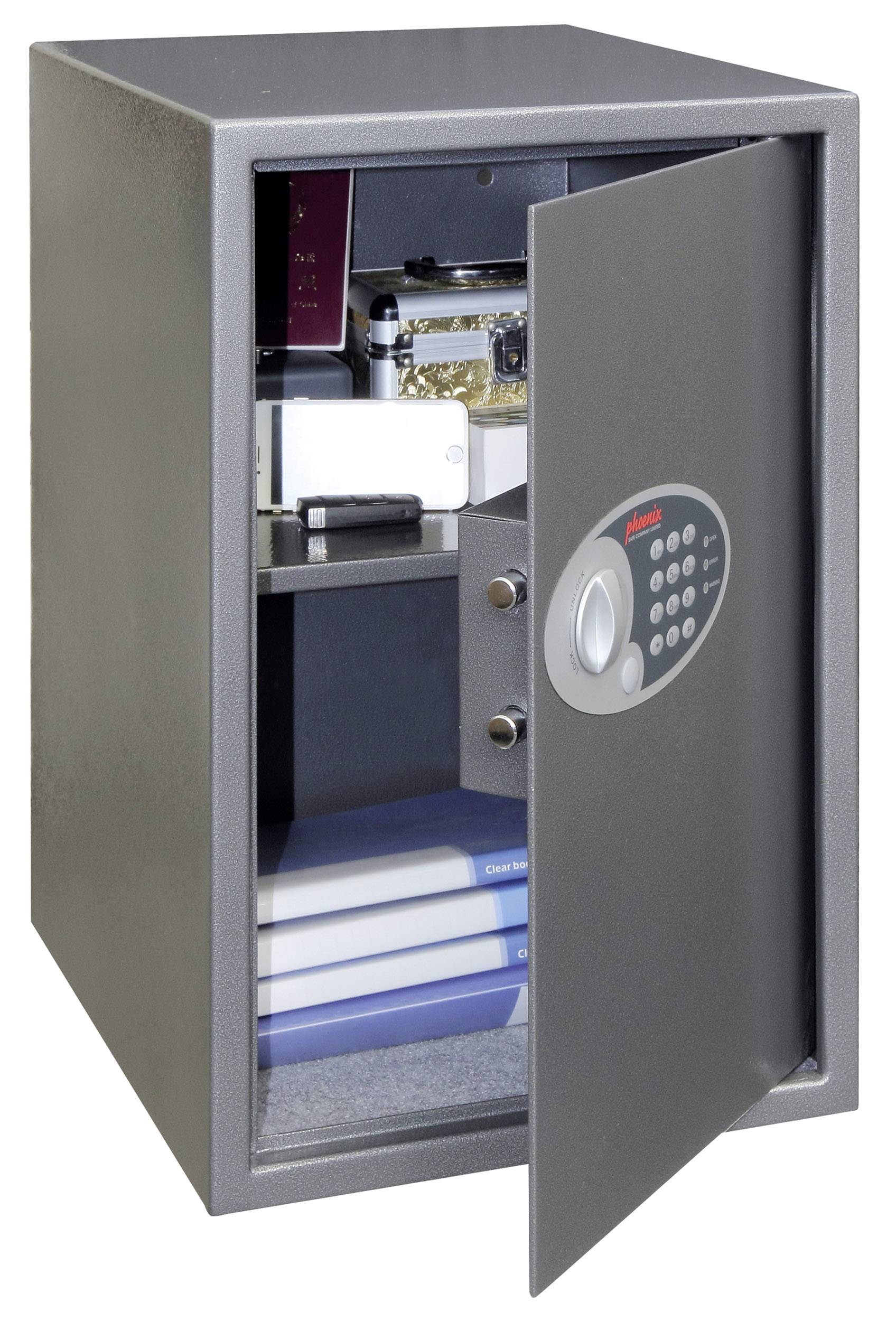 Ein geöffneter Tresor mit Dokumenten, Büchern und einer Kassette im Inneren. Das Schloss ist elektronisch.