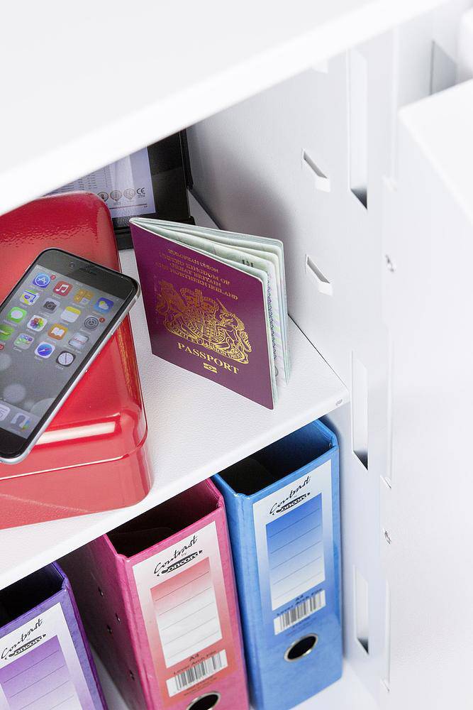 'Roter Reisepass neben einem Smartphone auf einem Regal. Darunter stehen bunte Aktenordner, jeweils in Blau und Pink, im Regal.'