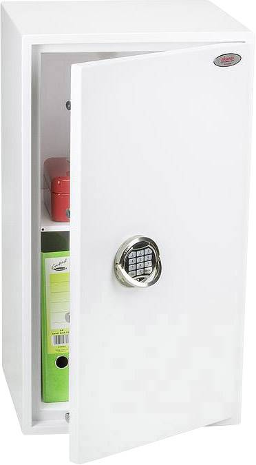 Ein geöffneter weißer Safe mit einem digitalen Zahlenschloss zeigt zwei Ordner und eine rote Metallbox im Inneren.