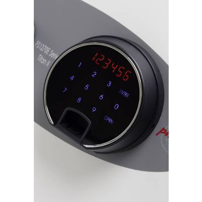 Elektronisches Schloss mit digitaler Anzeige. Zeigt '123456' in Rot. Darunter blaue Tasten und ein 'ENTER' und 'OPEN'-Feld.
