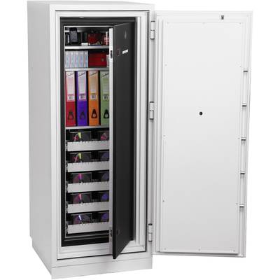 Geöffneter Tresor mit Dokumentenordnern, Datenträgern und elektronischen Geräten in einem gut organisierten Innenraum.