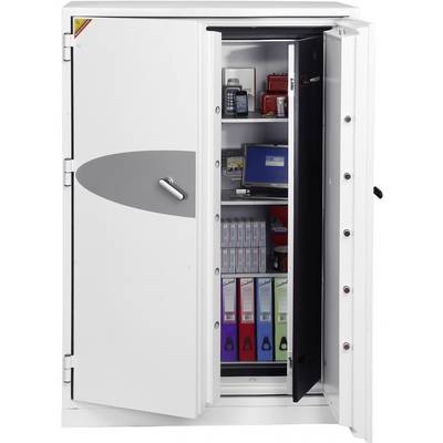 Ein geöffneter Aktenschrank mit mehreren Regalböden und Ordnern. Oben befinden sich ein Telefon und elektronische Geräte.