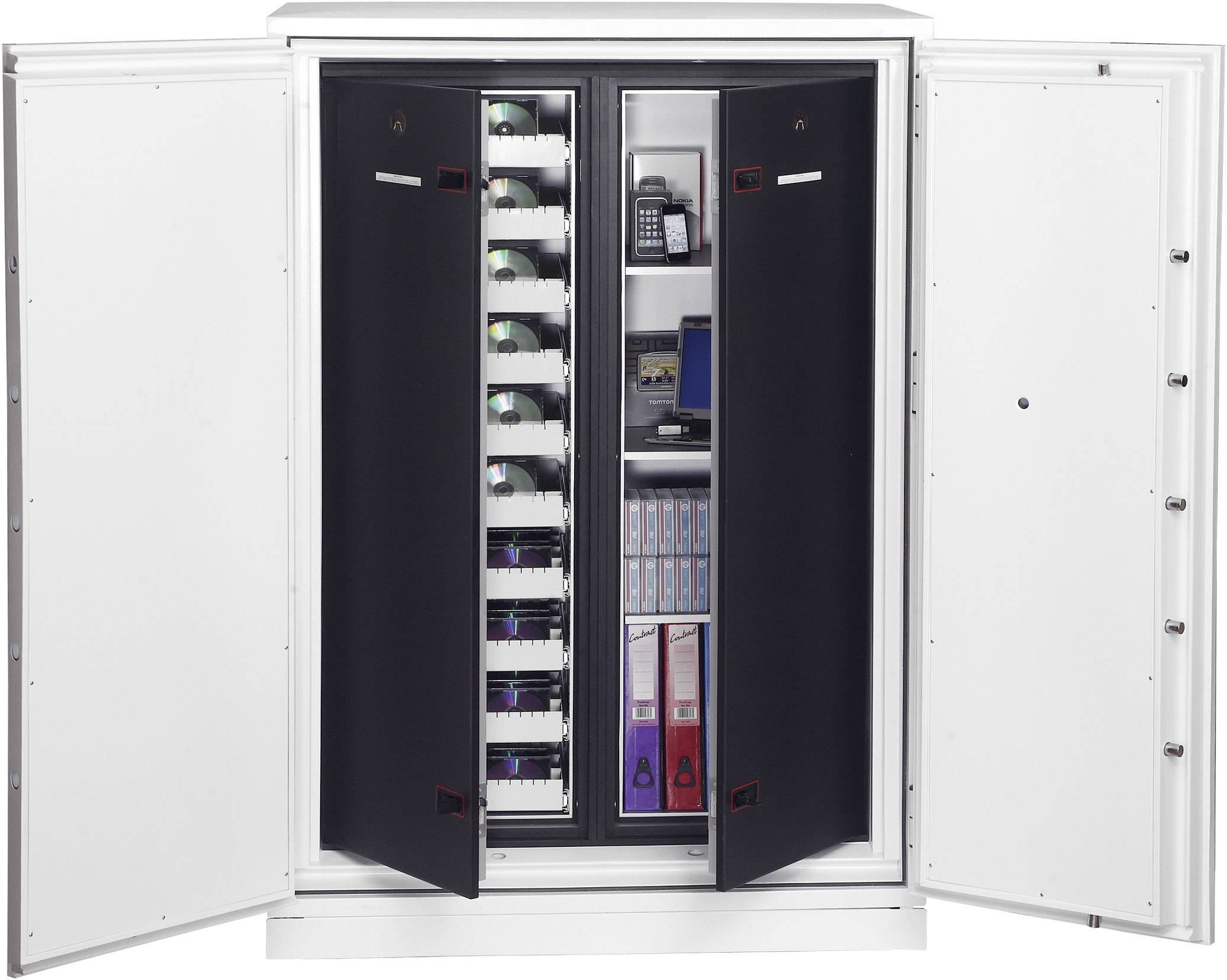 Geöffneter Tresor mit Aktenordnern, technischen Geräten und Dokumentenfächern; präsentiert sichere Aufbewahrungsmöglichkeiten.