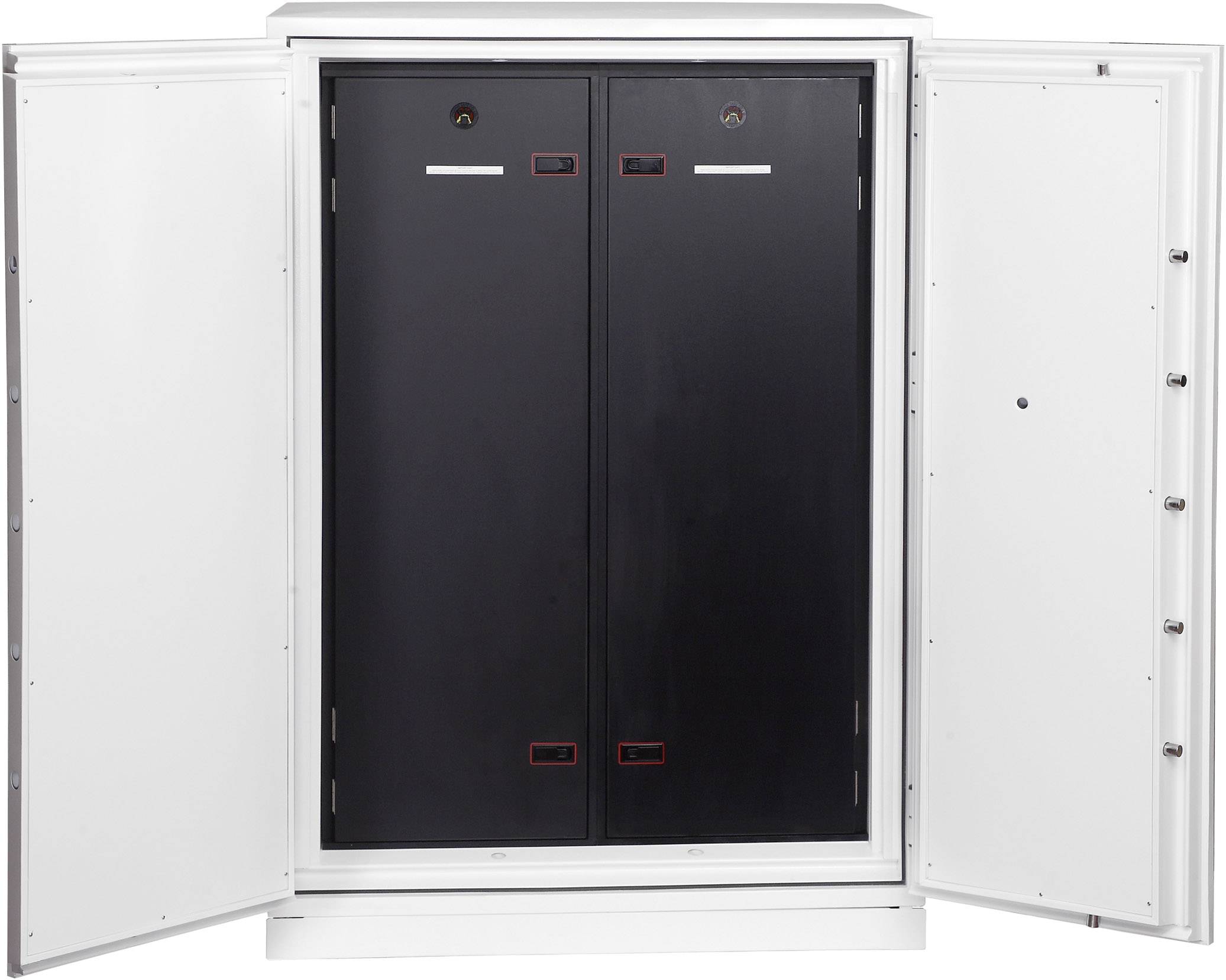 Ein geöffneter Tresor zeigt zwei innere schwarze Fächer mit roten Details. Die Türen des Tresors sind vollständig geöffnet.