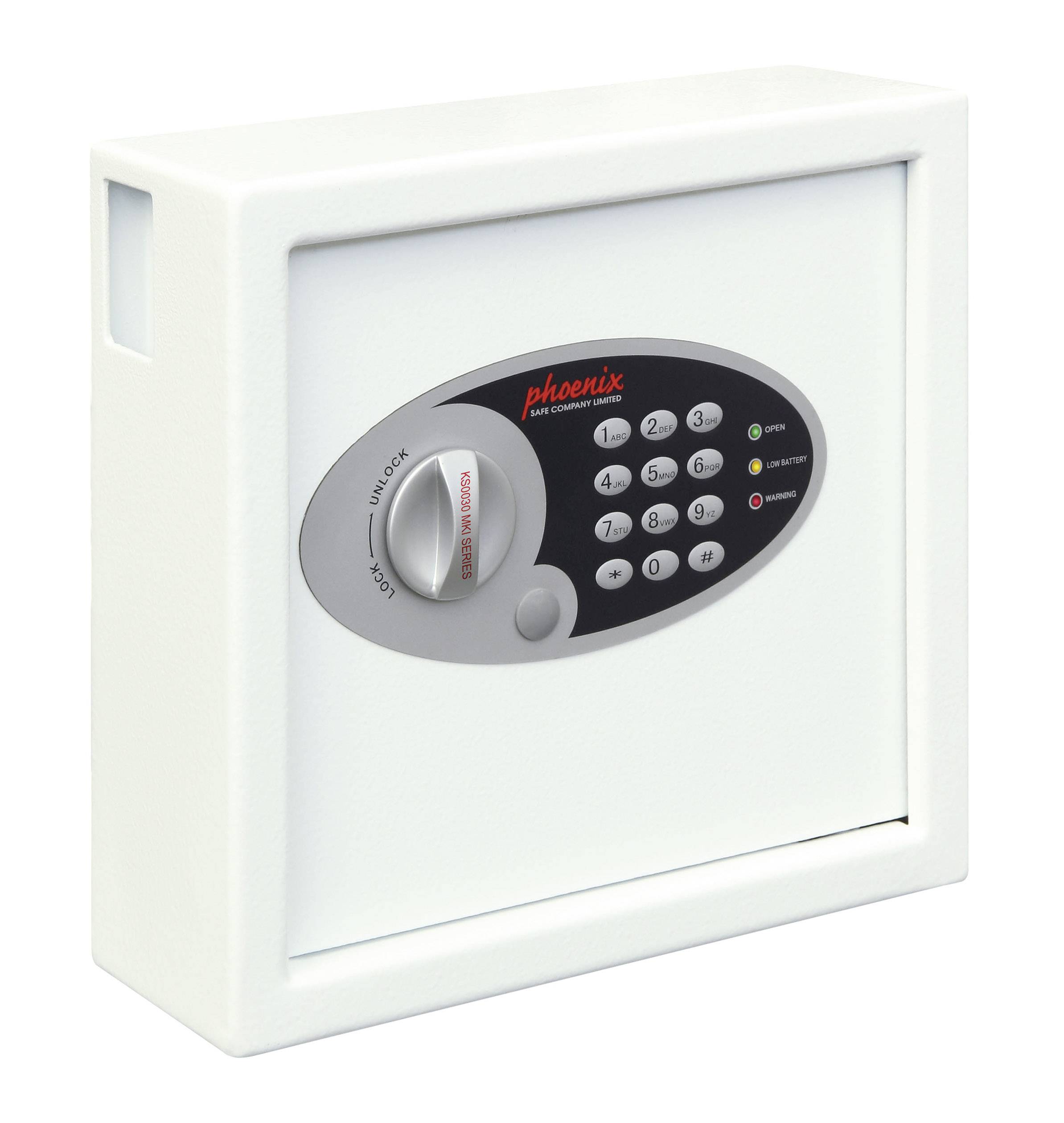 Weißer elektronischer Safe mit Zahlenschloss und roter Aufschrift 'Phoenix'.