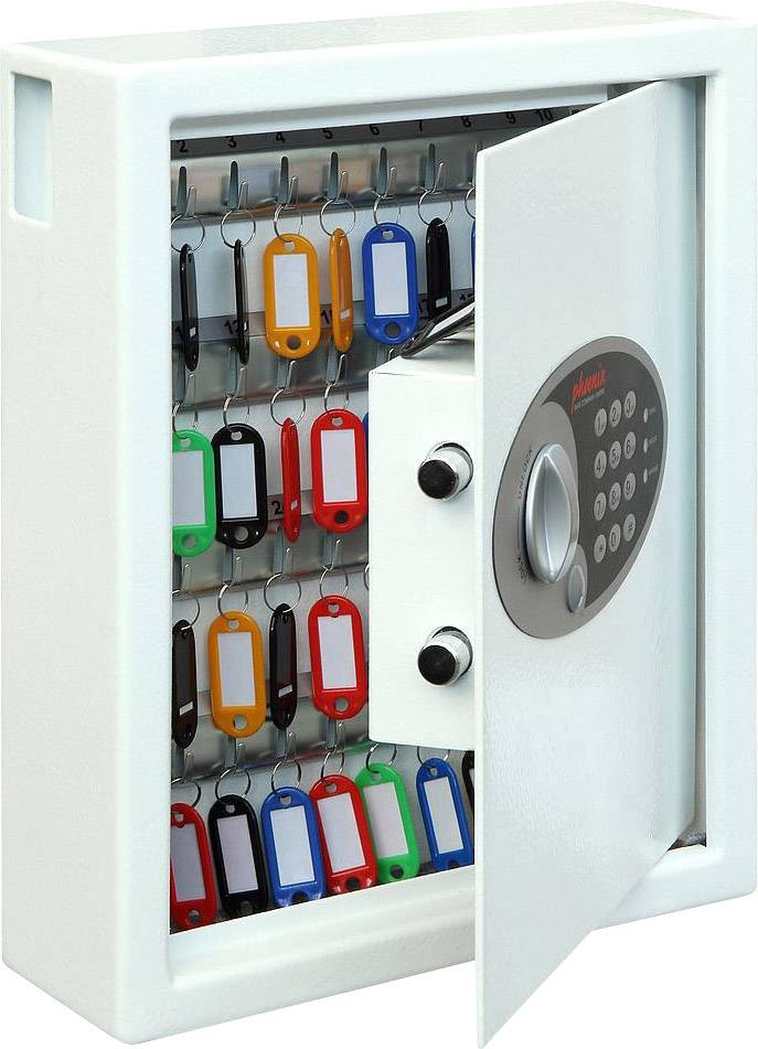 Offener Schlüsselkasten mit Zahlenschloss, darin hängen verschiedene farbige Schlüsselanhänger.
