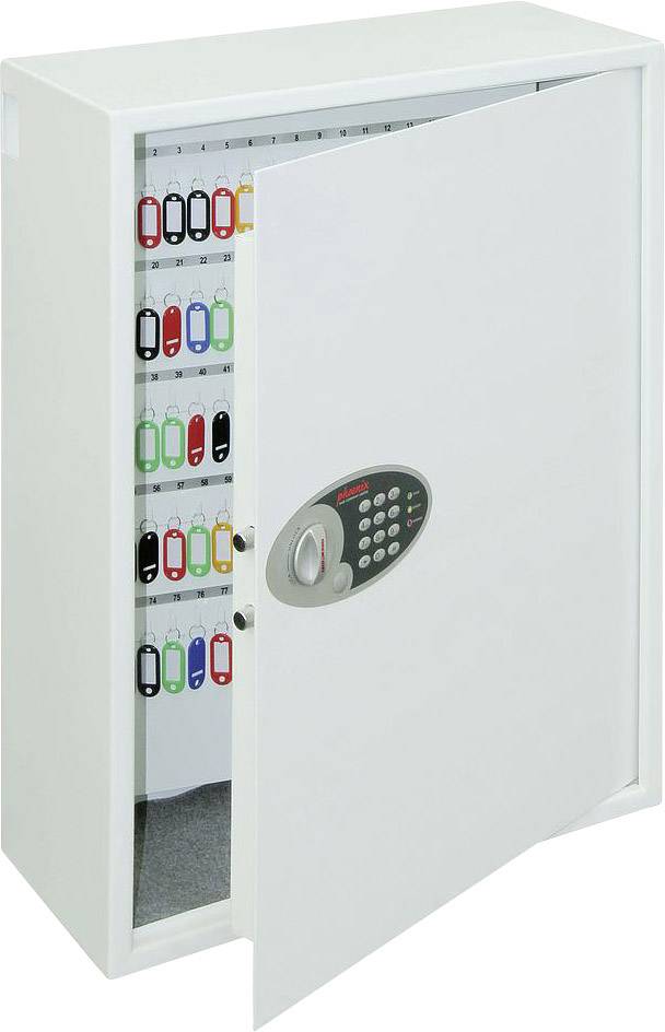 'Ein geöffneter, weißer Schlüsseltresor mit elektronischem Zahlenschloss, der bunte, nummerierte Schlüsselanhänger enthält.'