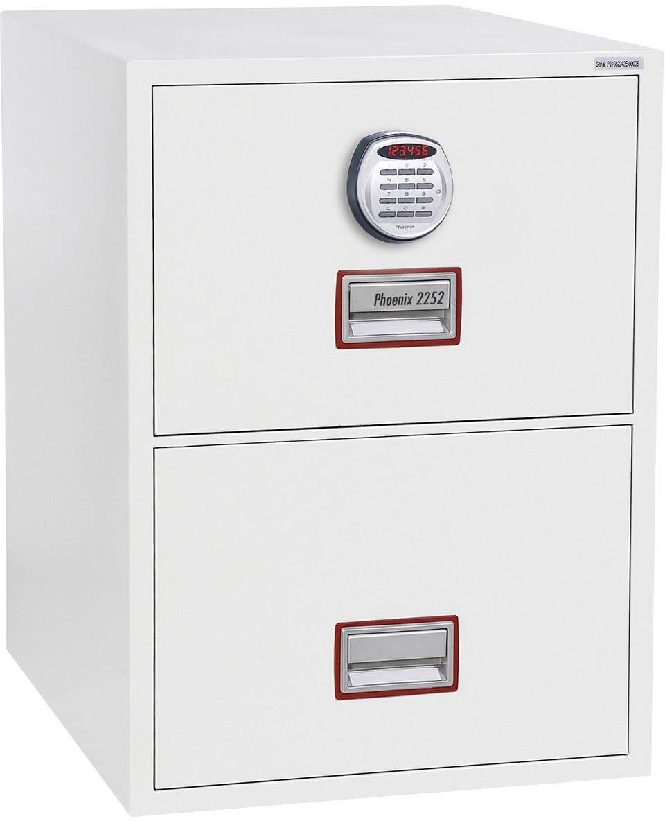 Ein weißer Aktenschrank mit zwei Schubladen, elektronischem Zahlenschloss und dem Logo 'Phoenix 2252' auf der oberen Schublade.