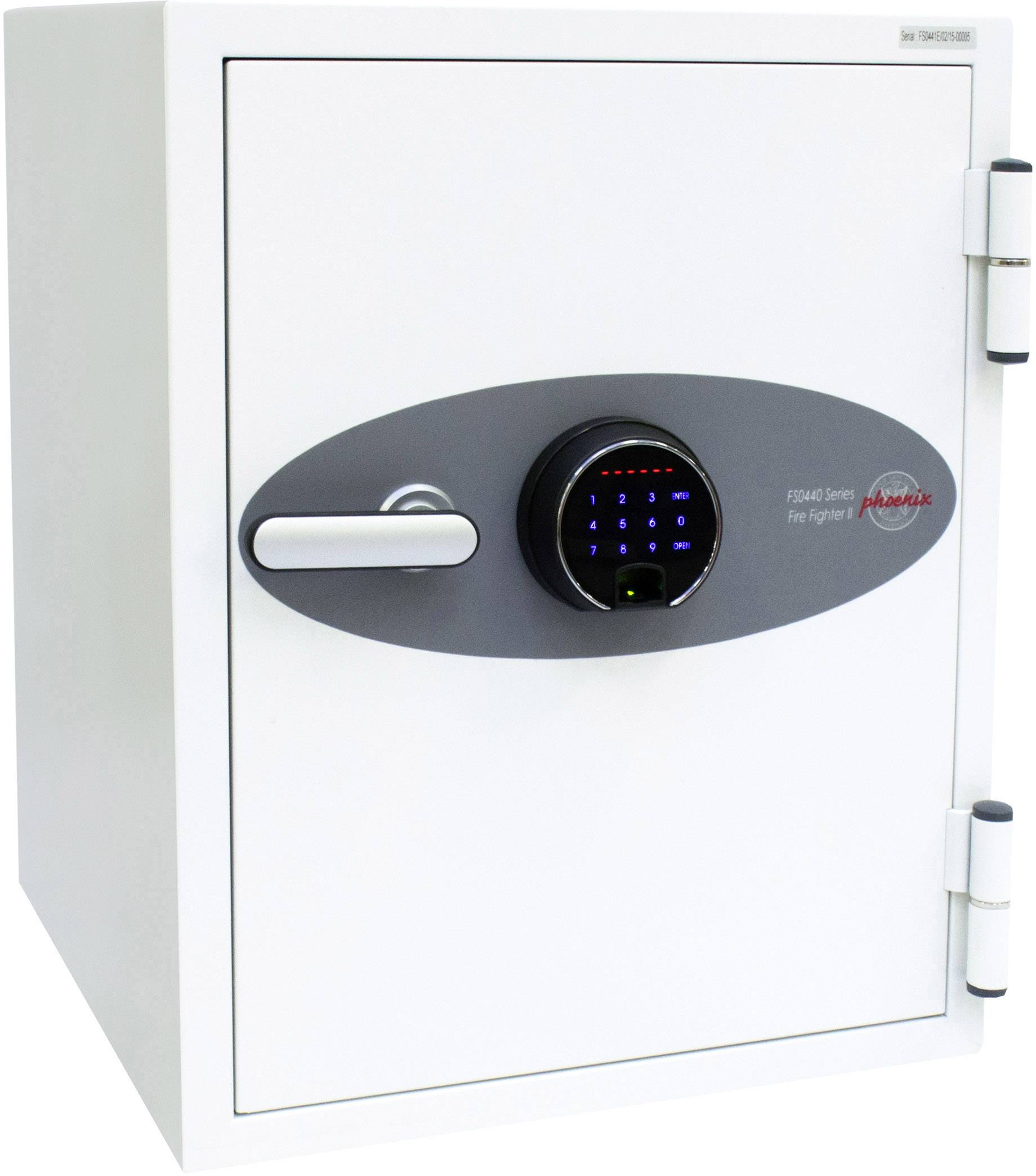 Ein weißer Tresor mit einer digitalen Tastatur und einem Griff auf der Vorderseite, geeignet zur sicheren Aufbewahrung von Wertsachen.