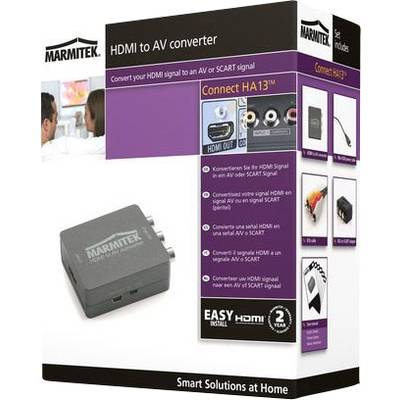 'HDMI zu AV Konverter, verbindet HDMI-Signal mit AV oder SCART. Enthält Konverter, Kabel, Netzteil, Anleitung; 2 Jahre Garantie.'