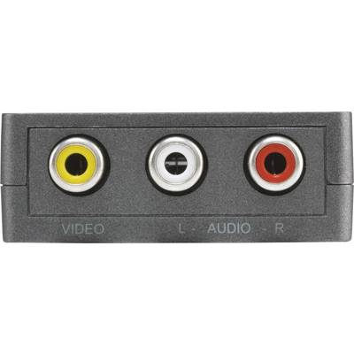Drei Cinch-Anschlüsse: gelb für Video, weiß für linken Audio-Kanal, rot für rechten Audio-Kanal.