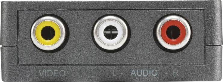 Drei RCA-Steckerbuchsen: gelb für Video, weiß für linken Audio-Kanal und rot für rechten Audio-Kanal auf schwarzem Gehäuse.