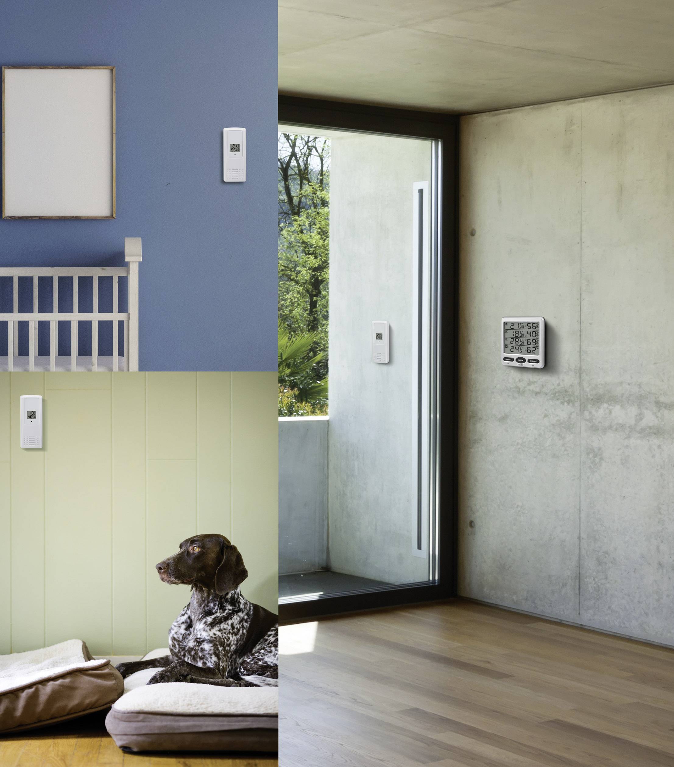Drei Innenaufnahmen zeigen thermostatische Sensoren an Wänden in verschiedenen Räumen: Kinderzimmer, Wohnzimmer mit Hund, modernes Wohnzimmer mit Fenster.